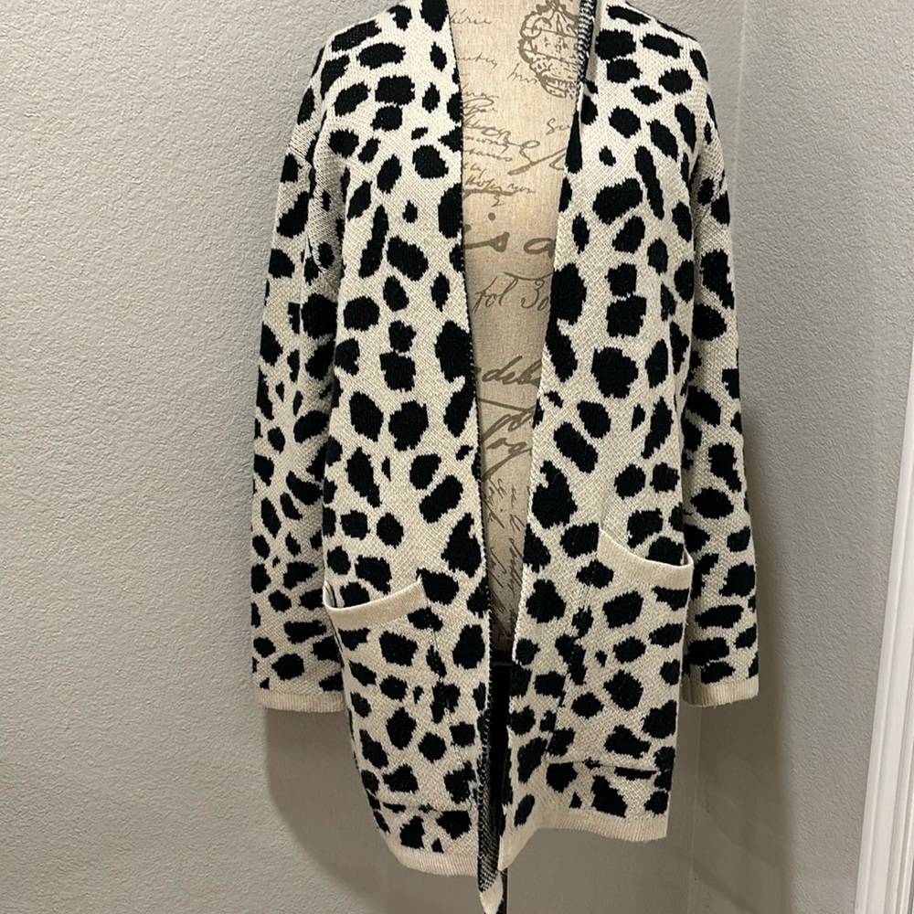 Long length beige black animal print over sized sweater / cardigan Size S
